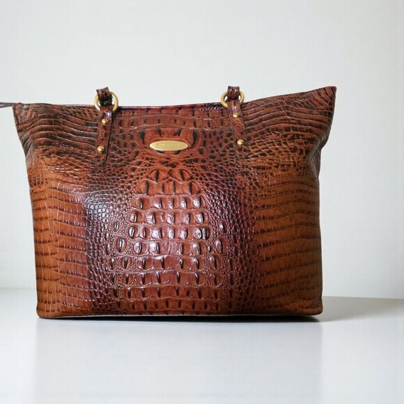 Brahmin Medium Asher Toasted Melbourne Croc Embossed Tote Leather Bag - Picture 1 of 16